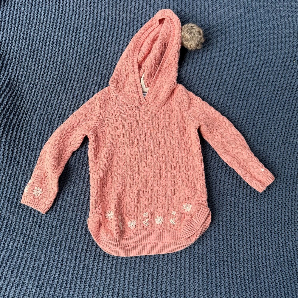 Cupcakes & Cashmere Pink Cable‑Knit Hoodie Pullover Girls Size 5T Flowers Pompom
